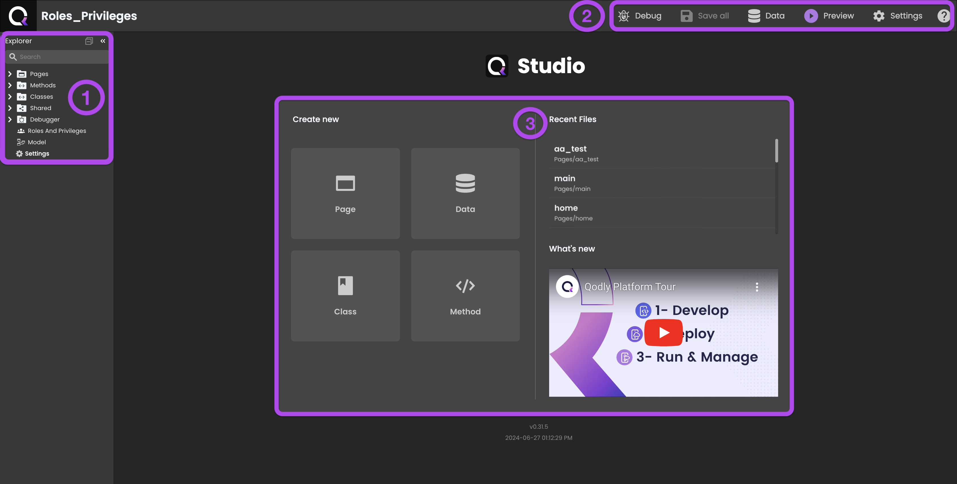 Screenshot of the Qodly Studio home page highlighting the Explorer panel, top header bar with debug and preview options, and the central grid container for creating pages, data, classes, and methods.
