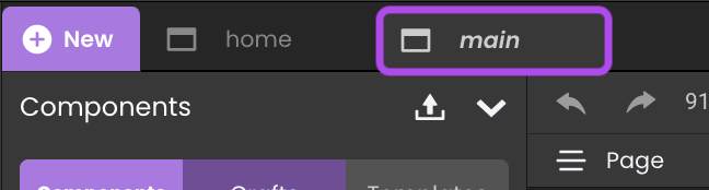 Qodly Studio interface showing an italicized 'main' tab label to indicate that the tab is in preview mode.