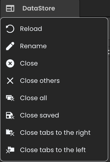 Qodly Studio contextual tab menu shown after right-clicking a tab, offering options like reload, rename, close, close others, and tab management actions.